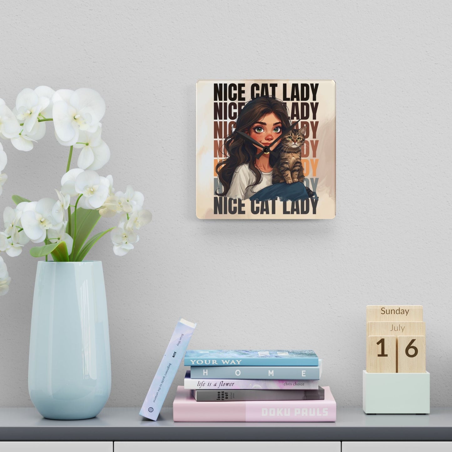 Nice Cat Lady Acrylic Wall Clock for Cat Lovers
