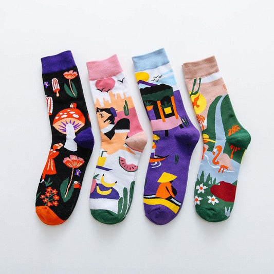 Occident Fashion Colorful Print Socks Women with Mushroom Spring Woman Socks Breathable Cotton Socks For Women