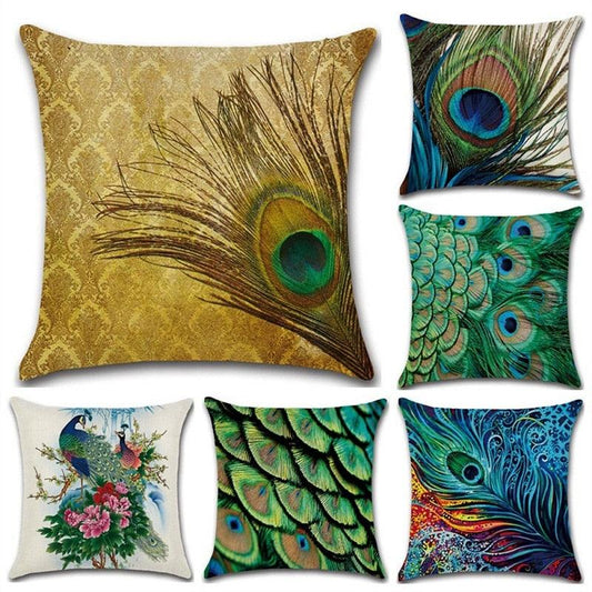 Peacock Feather Printed Pillow Cover Vintage Style Cushion Cover For Home Decor Indoor Sofa Decorations New Year Gift Cotton Linen Pillow Cases,Peacock Feather Decorative Cushion Cover Pillowcase Indoor Sofa Decorations 45x45cm