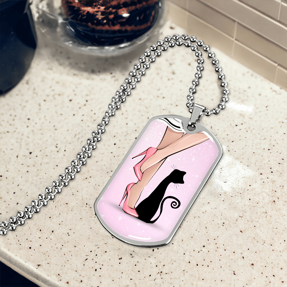 Pink Cat Lady Dog Tag Necklace