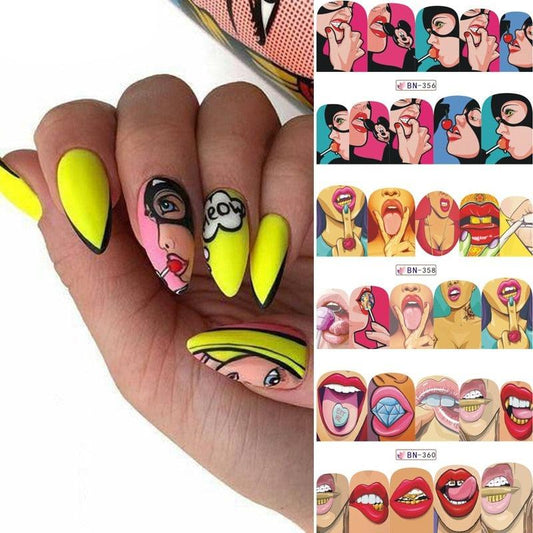 Pop Art Nail Stickers Sexy Girl Designs Comics Water Transfer Decals Manicure Lips Nail Art Decorations Slider Nail Art Stickers Decals Nail Art Supplies Valentines Day 3D Self-Adhesive Nail Decorations Accessories Women Girls Manicure Decorations