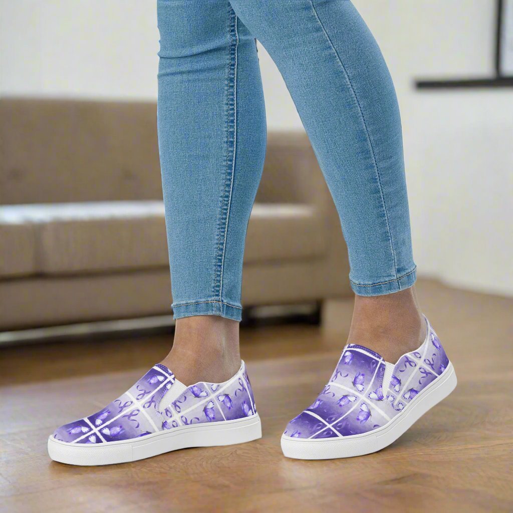 Purple Ribbon Butterfly Women’s Slip-On Canvas Shoes