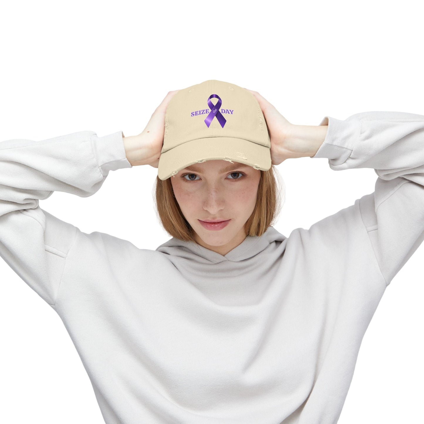 Purple Ribbon Distressed Cap