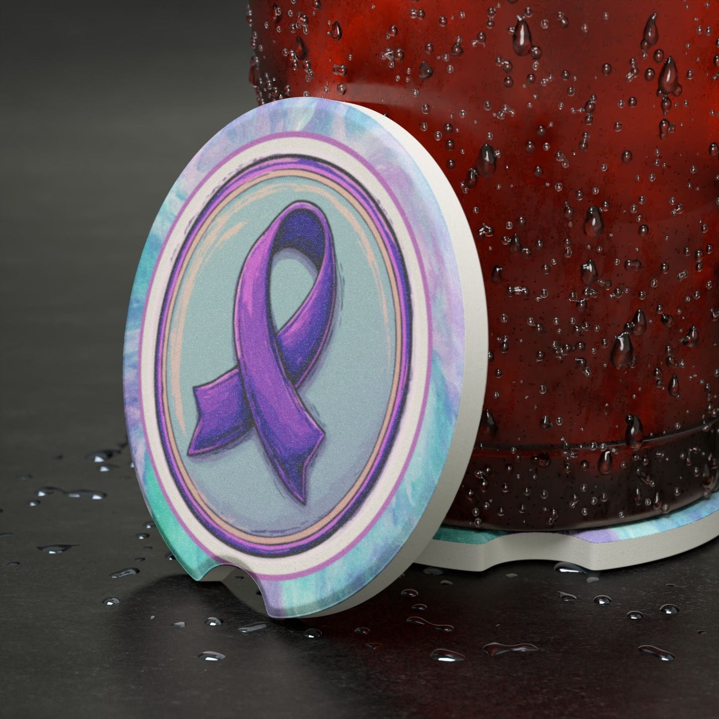 Purple Ribbon Soapstone Car Coaster - Epilepsy Awareness Gift