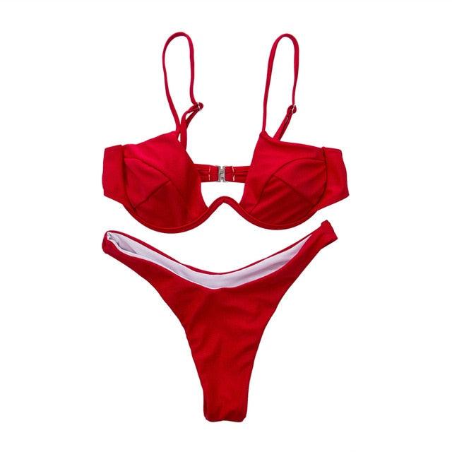 Push Up Unpadded Bikini Set Women 4 Colors Bandage Bikini Set Swimsuit Thong Bottom Swimwear Two Pieces Plain Bikini Bathing Suit Swimwear Bathing