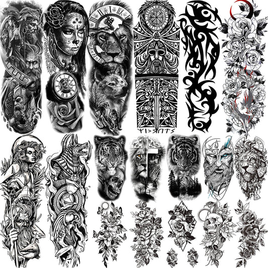 Realistic Full Arm Temporary Tattoos Sleeve Fake Tatoos Warrior Lion Tiger Flower Waterproof Tattoo Stickers For Womens Mens