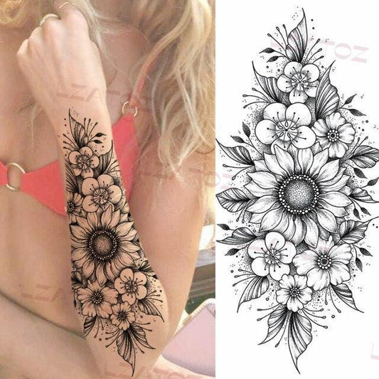 Realistic Sketches Black Flowers Temporary Waterproof Flower Tattoos Modern Body Arm Drawing For Womens