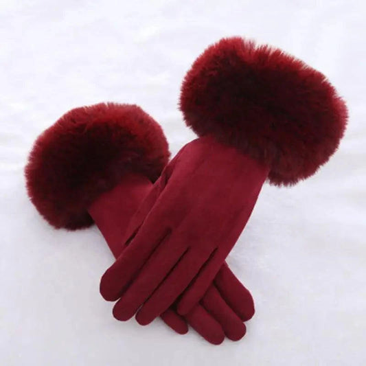 Red Winter Warm One Size Touch Screen Glove Female Fur Thick Driving Comfortable Gloves For Autumn