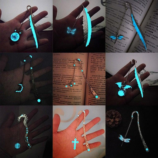 Retro Metal Bookmarks Luminous Feather Book Marks With Owl Dragonflies Butterflies Vintage Beautiful Gift for Teachers Students Glow in The Dark Bookmark Silver Metal Feather Book Markers For Book Reading Lover Gift Creative Bookmarks For Friends Women