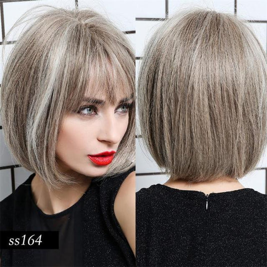 Short Straight Synthetic Brown Mix Gray Hair Cute Bob Wigs with Bangs for White/Black Women Cosplay Party or Daily Wear Wigs For Black Women Cosplay Wigs For Women