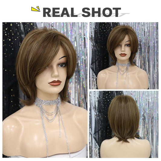 Short Synthetic Straight Bob Wig with Side Fringe Mixed Brown Color Natural Hairline Heat Resistant Party Wigs For Black Women Cosplay Wigs For Women