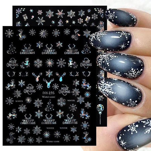 Sliver Bronzing 3D Christmas Nail Art Decoration Sticker Sparkly White Colorful Glitter Geometry Snowflake Winter Slider Foil  Christmas Snowflake Bronzing Christmas Slider Nail Art 3D Decals Decoration Decals Snowflakes Elk Bear Christmas Xmas Stickers