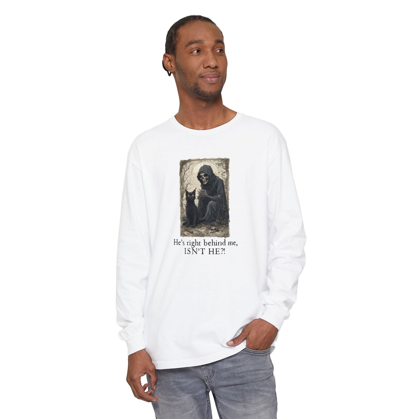 Spooky Cat Grim Reaper Long-Sleeve T-Shirt – Perfect for Halloween Fans