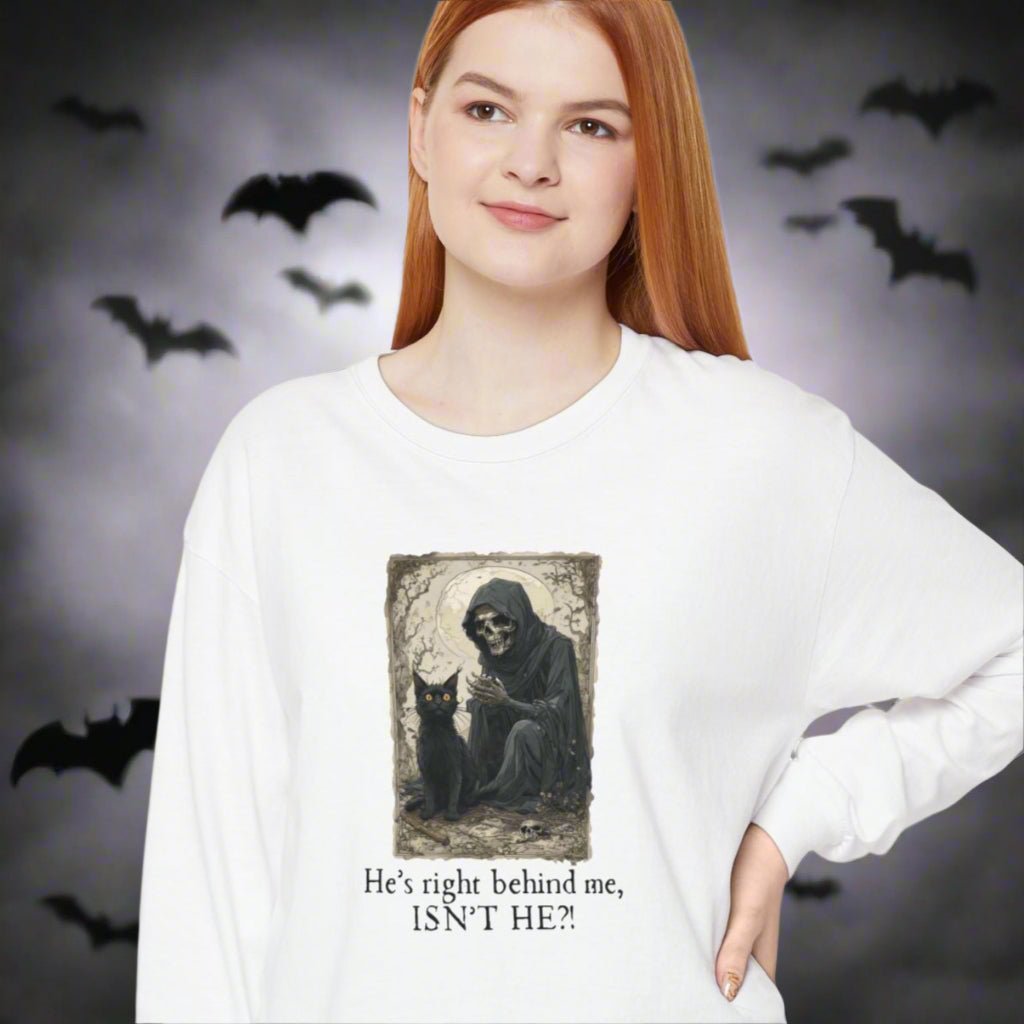 Spooky Cat Grim Reaper Long-Sleeve T-Shirt – Perfect for Halloween Fans