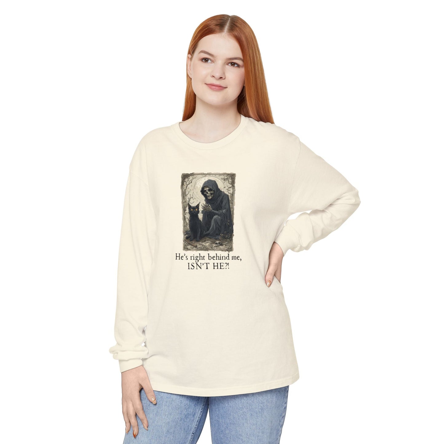 Spooky Cat Grim Reaper Long-Sleeve T-Shirt – Perfect for Halloween Fans