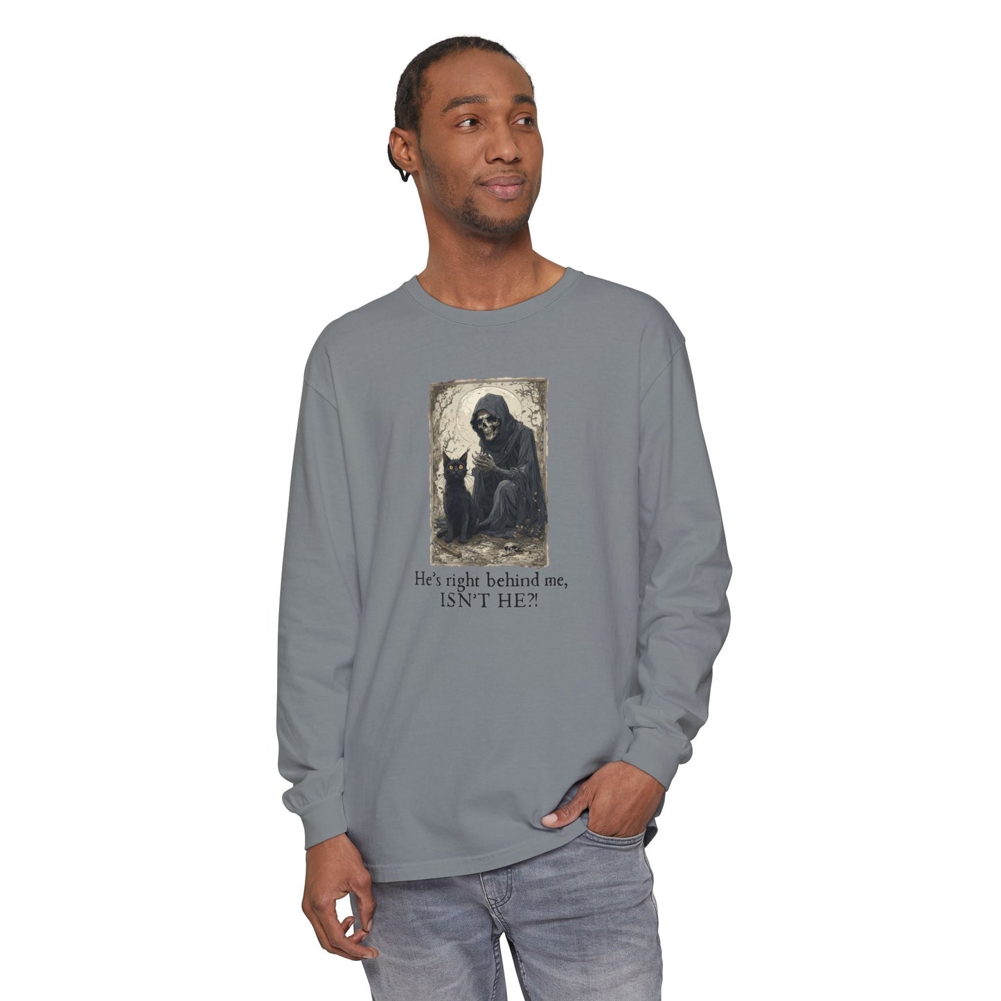 Spooky Cat Grim Reaper Long-Sleeve T-Shirt – Perfect for Halloween Fans