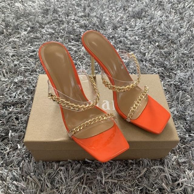 Summer Women Sandals Square Toe Ladies Heel Clear Transparent High Heels Slippers Fashion Chain Woman Open Toe Slip On Dress Luxury Party Backless Slides High Heels Slipper