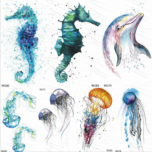 Temporary Tattoos Seahorse Dolphin Sticker Watercolor Custom Body Tattoo For Children Women