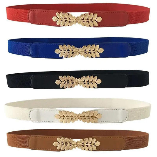 Thin Elastic Stretch Women Buckle Skinny Fashion Belts Metal Leaf Buckle Design Belts For Ladies