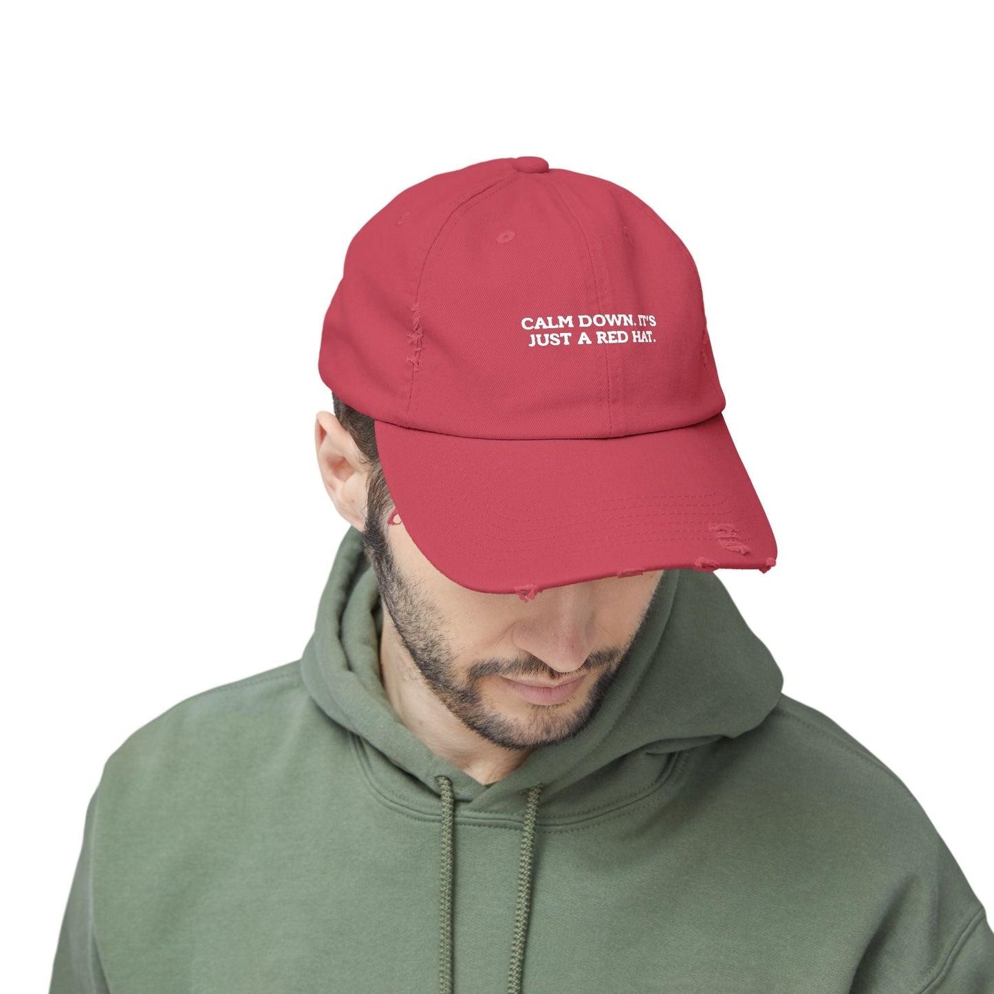 Unisex Distressed Cap - Calm Down Just a Red Hat