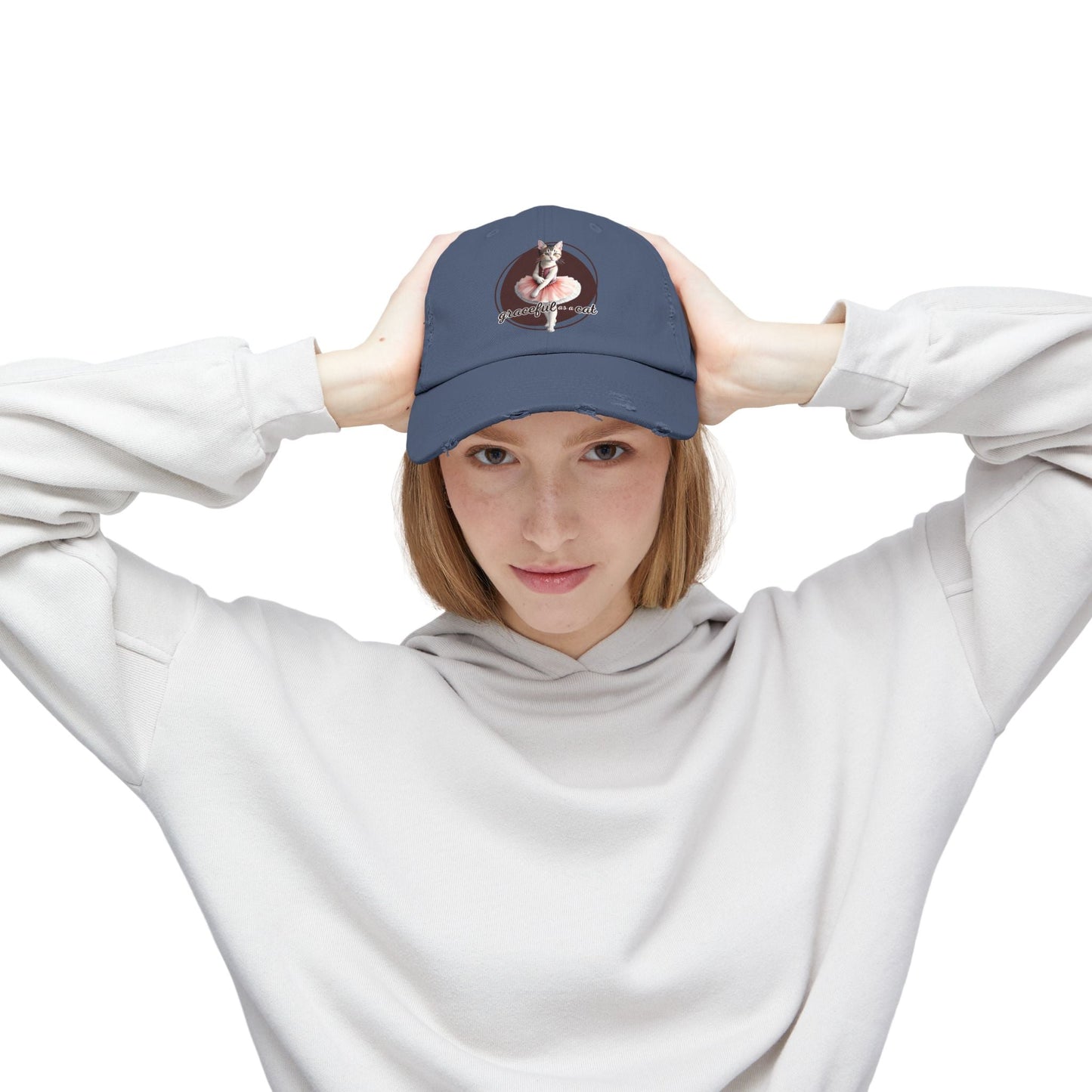 Unisex Distressed Cap - 'Graceful as a Cat' Fun Cat Lover Hat
