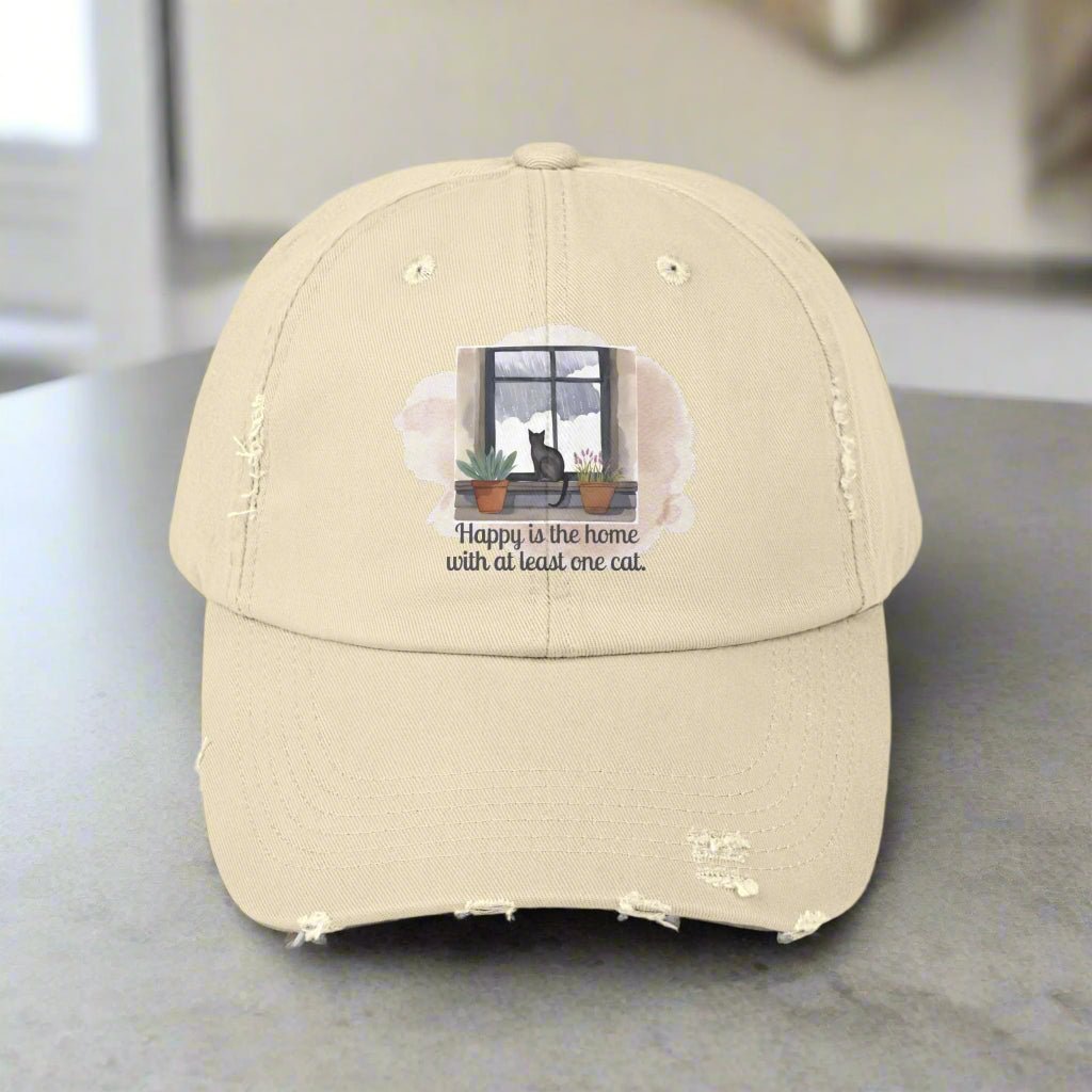 Unisex Distressed Cap - Home with One Cat Distressed Cap
