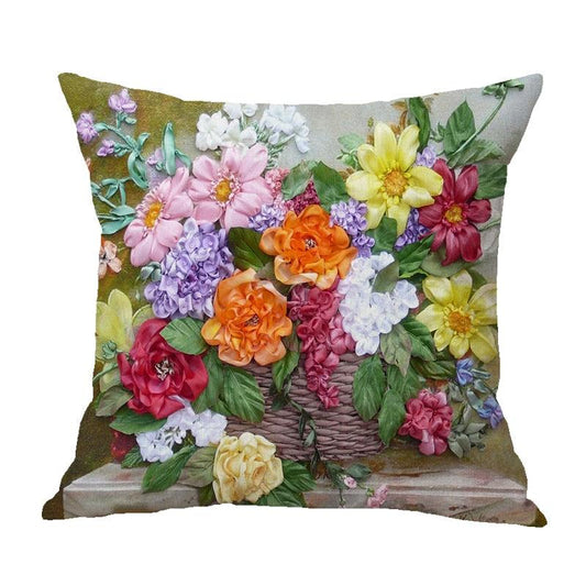 Vintage Flower Throw Pillow Covers Oil Painting Cushion Cover Decorative Cotton Linen Square Pillow Cases For Sofa Couch Oil Painting Flower Farmhouse Throw Pillow Cover Cotton Linen Decorative Cushion Covers Pillowcase For Sofa Bedroom Car 45X45CM