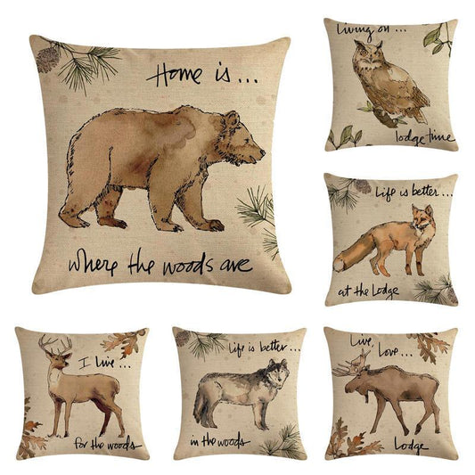 Vintage Wildlife Animals Pillow Cover Fox Wolf Deer Bear Throw Pillow Case Cotton Linen Cushion Cover For Home Decor
