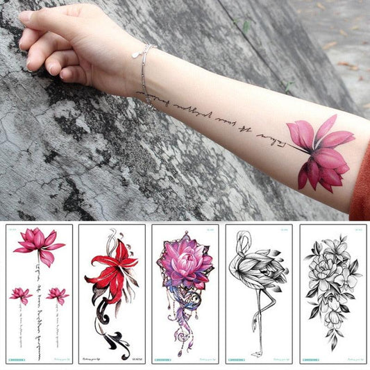 Waterproof Red Flowers Tattoo Multi-Colored Temporary Sticker Flower Lotus Tattoo Elegant Big Design For Womens