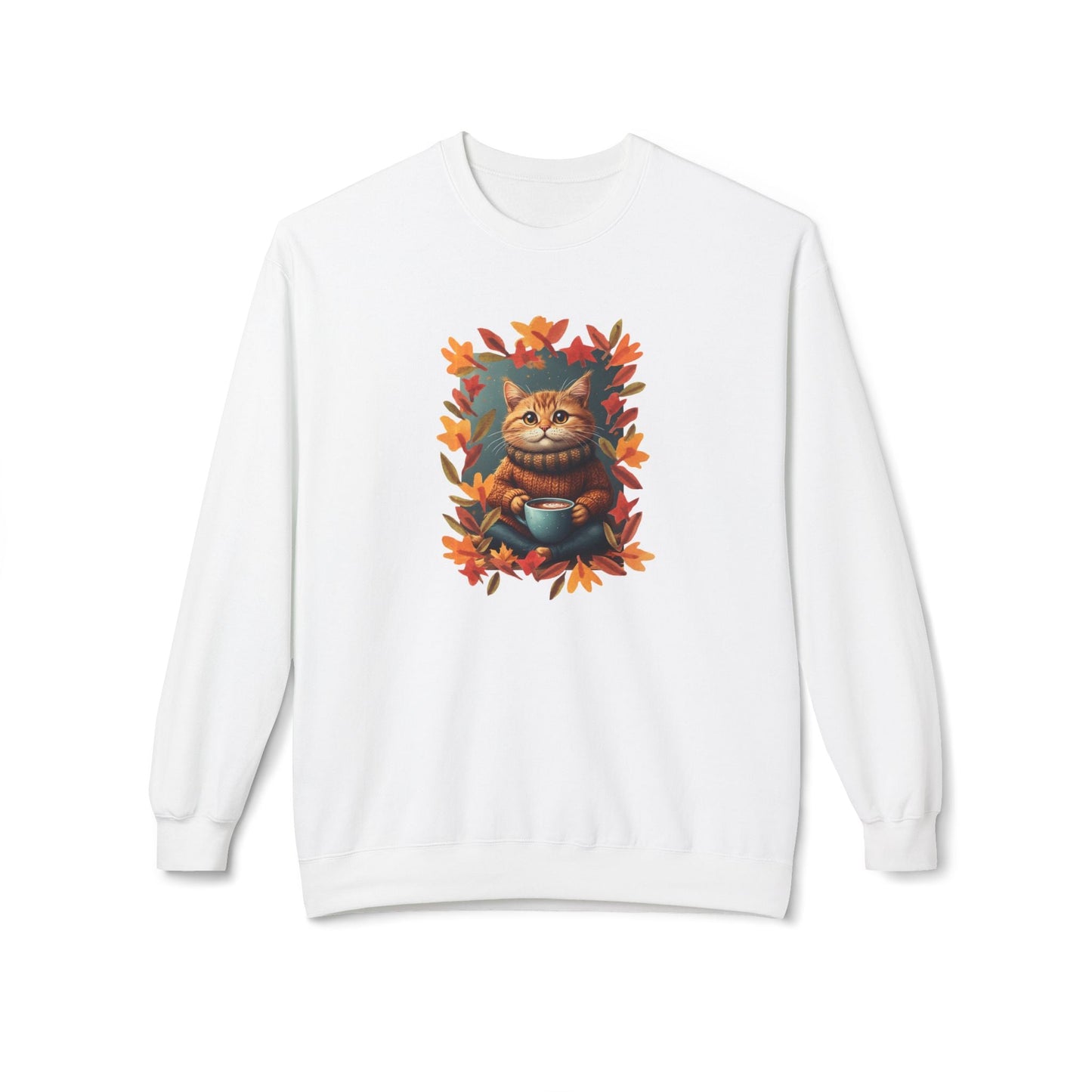 Whimsical Fall Kitty Fleece Sweatshirt for Cozy Autumn Wear