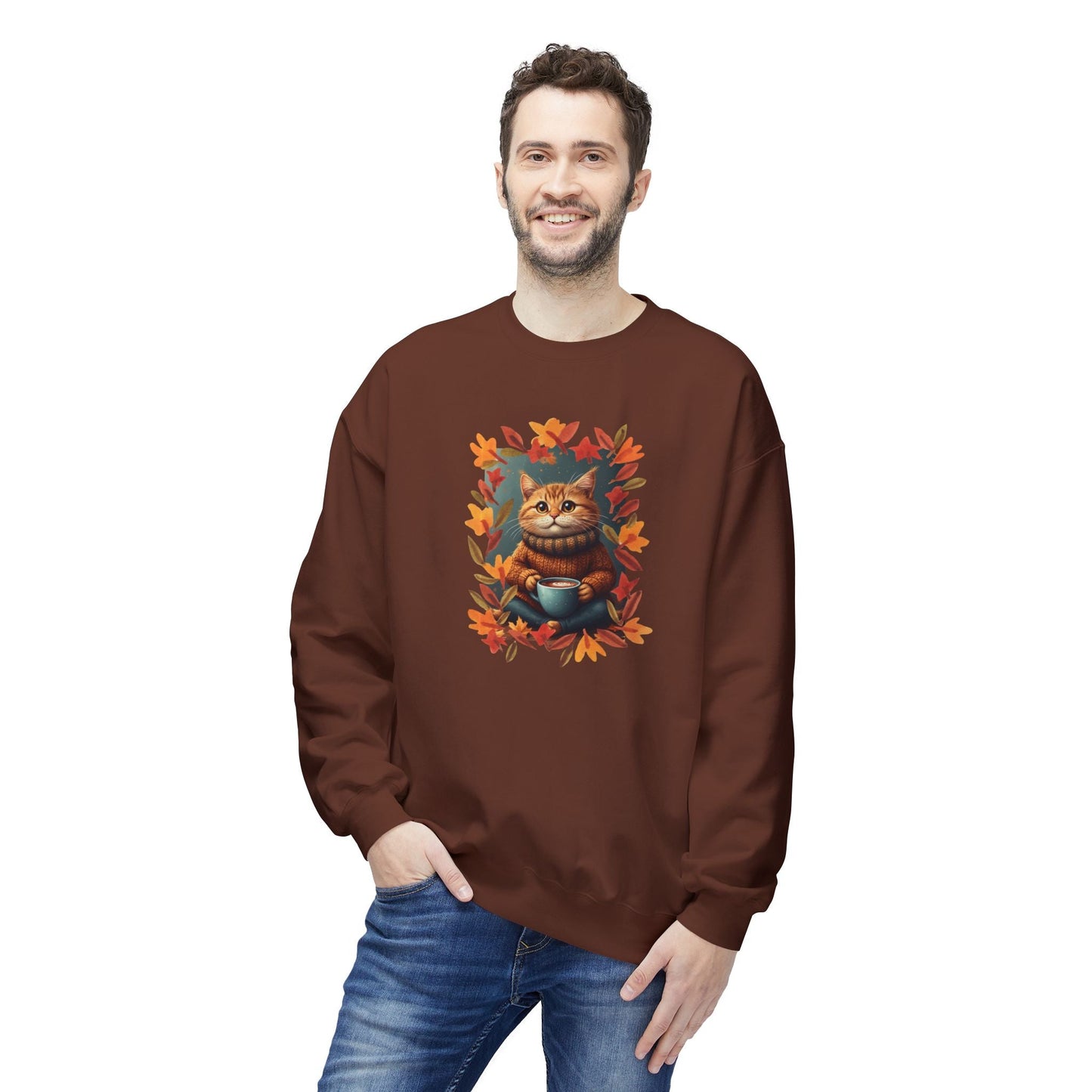 Whimsical Fall Kitty Fleece Sweatshirt for Cozy Autumn Wear