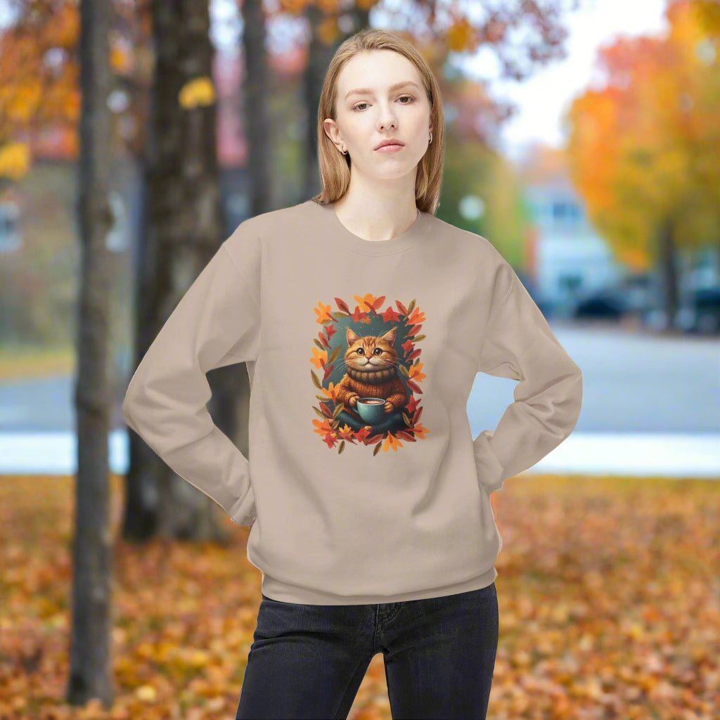 Whimsical Fall Kitty Fleece Sweatshirt for Cozy Autumn Wear