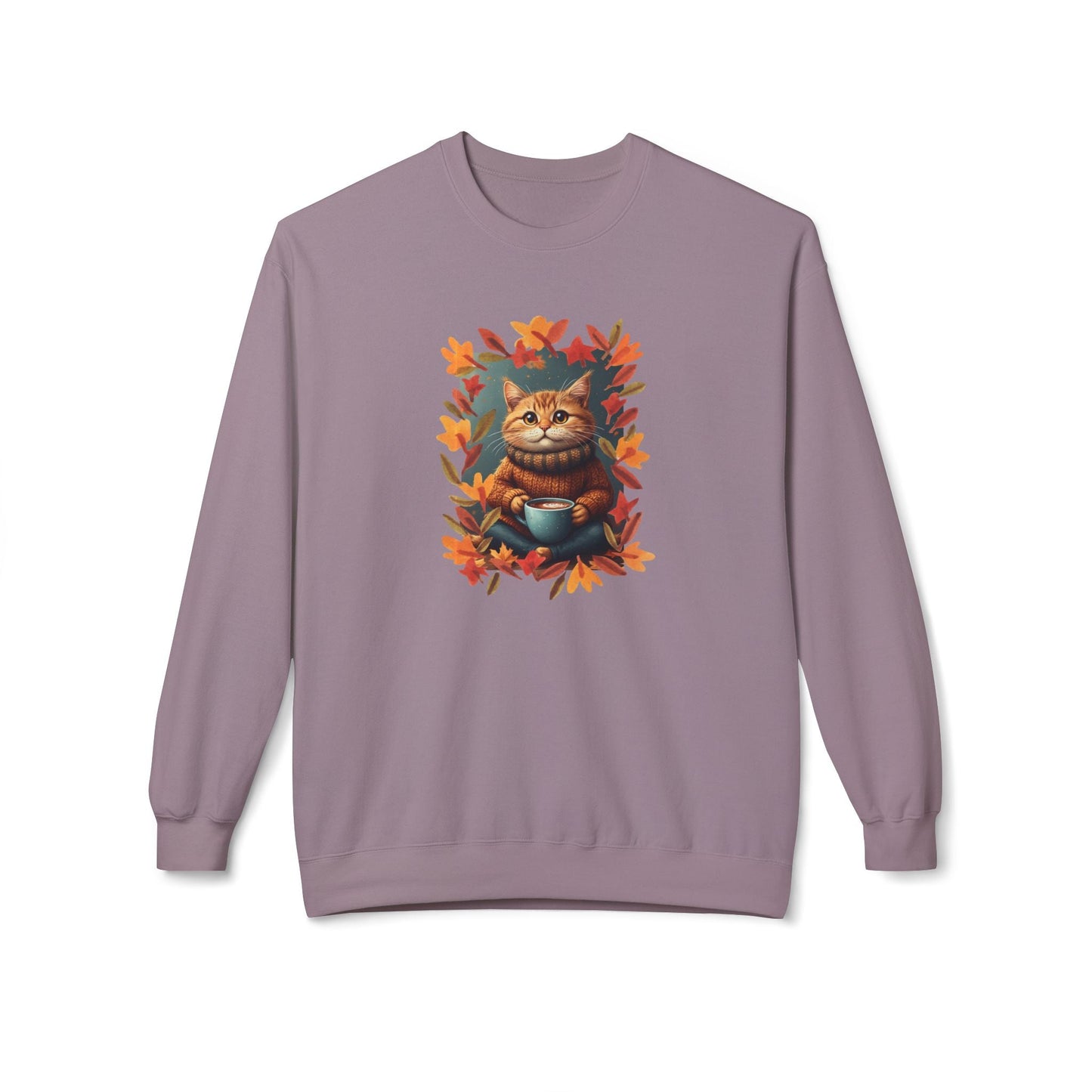Whimsical Fall Kitty Fleece Sweatshirt for Cozy Autumn Wear