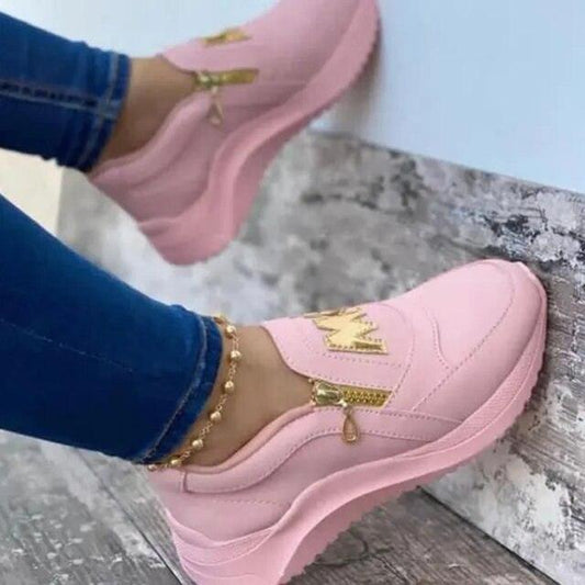 Women Luxury Pink Shoes Thick Bottom Women Vulcanize Sneakers Solid Color Casual Walking Slip On Zipper Casual Outdoor Sport Shoes Spring Summer Womens Sneakers