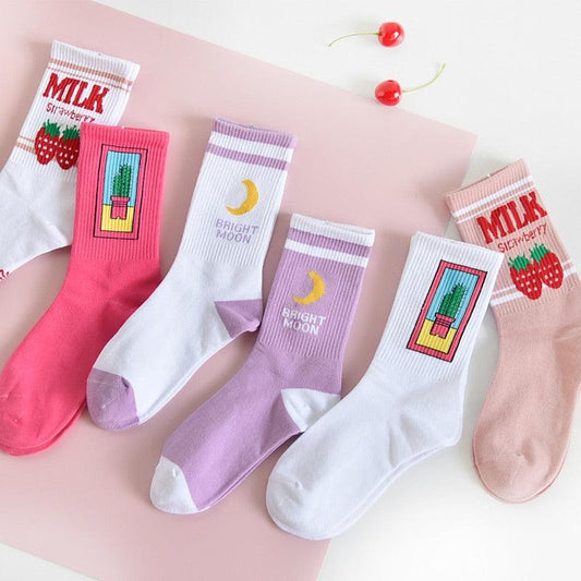 Women's Socks Combed Out Of Pure Cotton Colorful Cartoon Cute Funny Happy Kawaii Moon Strawberry Cactus Ankle Socks For Men And Women