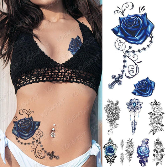 Womens Waterproof Temporary Tattoo Sticker Blue Flower Luxury Big Tatoo For Body Arm