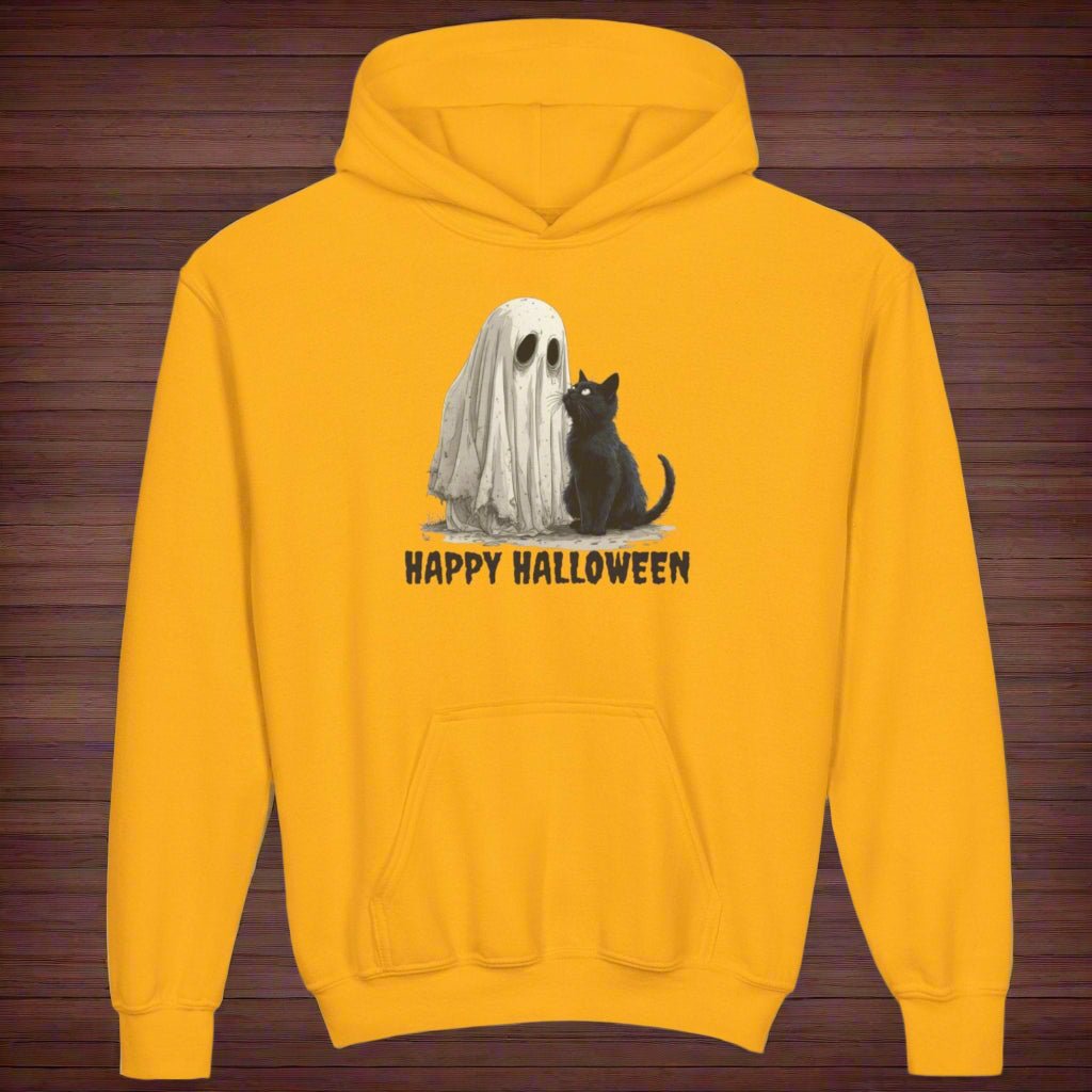 Youth Halloween Ghost & Cat Hoodie for Fun and Festive Celebrations